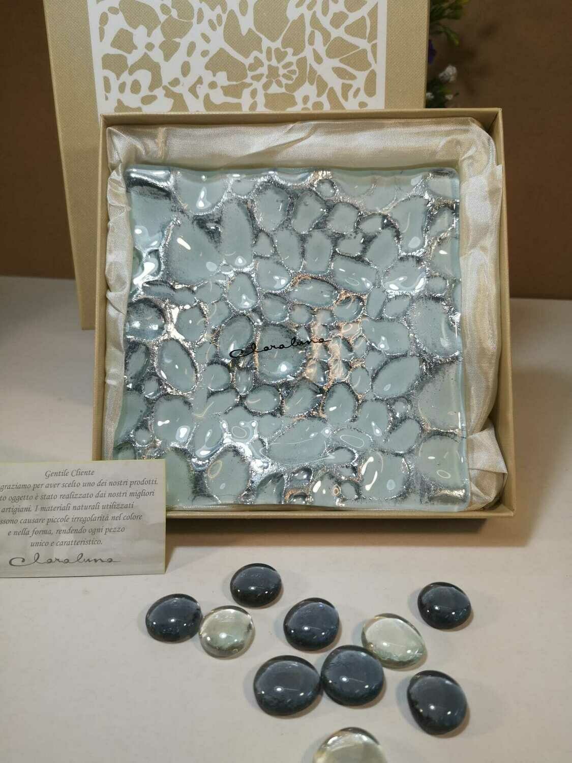 Piattino in Vetro con Decoro Ghiaccio e Pietre Trasparenti Claraluna     15x15 cm - Art. R1C033