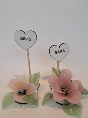 segnaposto, Profumatore con Fiori di Vetro con Nomi Invitati.