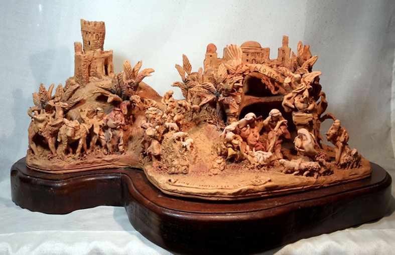 Presepe in Cotto c/Paesaggio e Base Legno-2009/P7