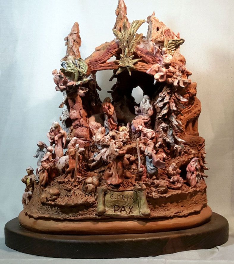 Presepe in Cotto, Base Legno e Paesaggio e bosco - 2014/P7 - Possibilità di Teca in Plexiglass (€ 65.00)