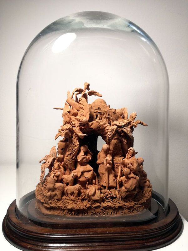 Presepe in Cotto, Base Legno, Campana Vetro -2016/P1 Presepe in Cotto, Base Legno, Campana Vetro -2016/P1