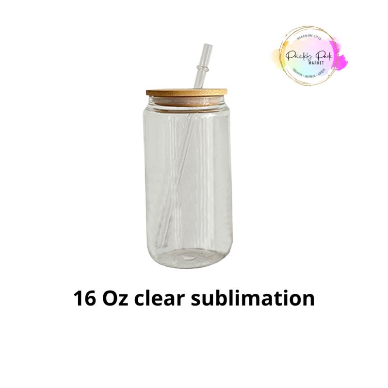 16 oz Clear Glass Sublimation Tumbler w/ Bamboo Lid & Plastic Straw