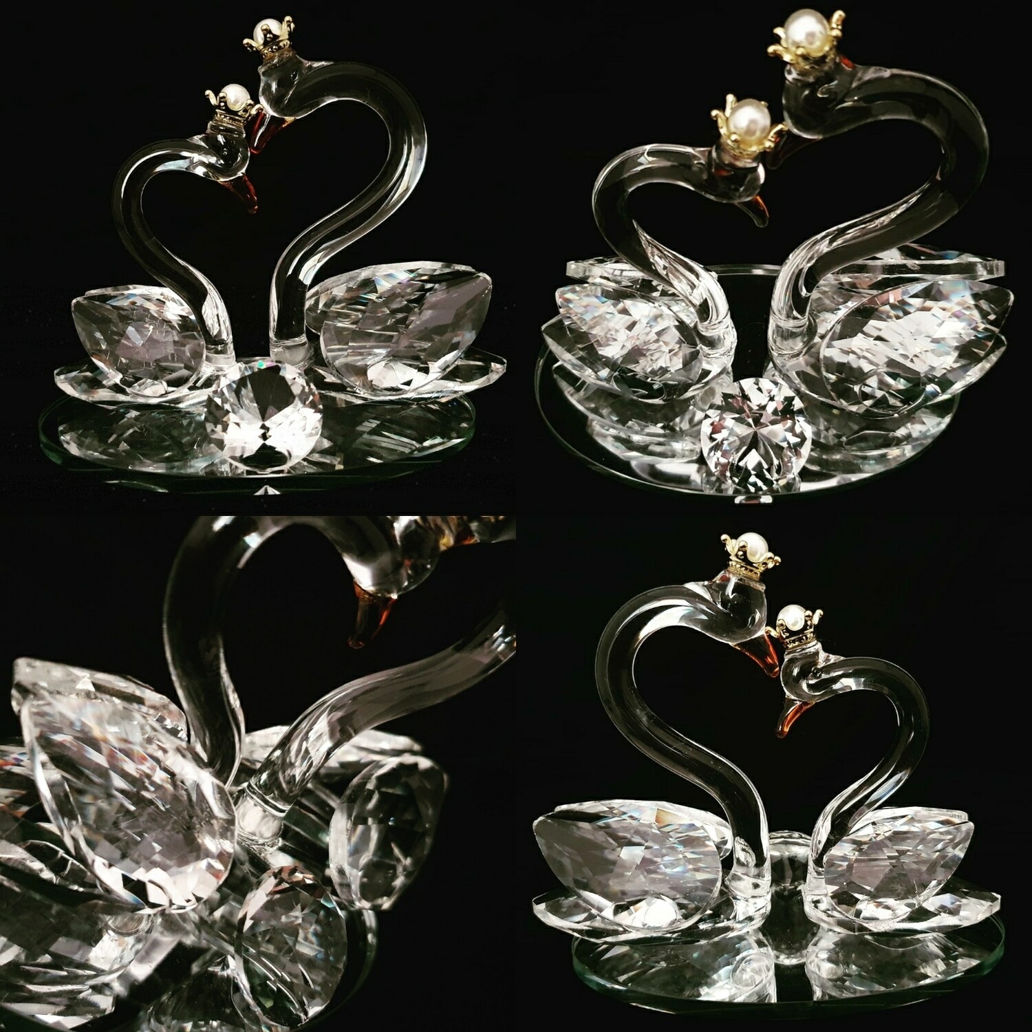 Small Crown Swan Couple Mirror Base* -Cut Glass Crystal-