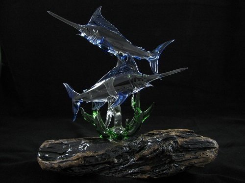 Double Marlin with Coral on Granite Base or Driftwood Base