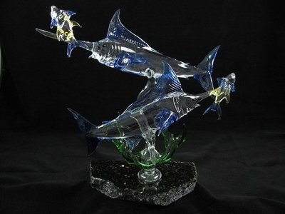 Double Marlin with Coral and Yellow Fin Tuna on Granite Base