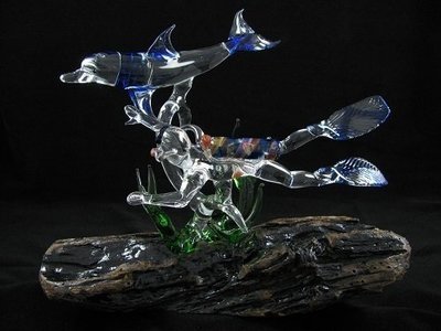 Scuba Diver and Dolphin with Seaweed on (Your Choice) Base