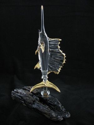 Vertical Gold Sail Fish on Driftwood Base