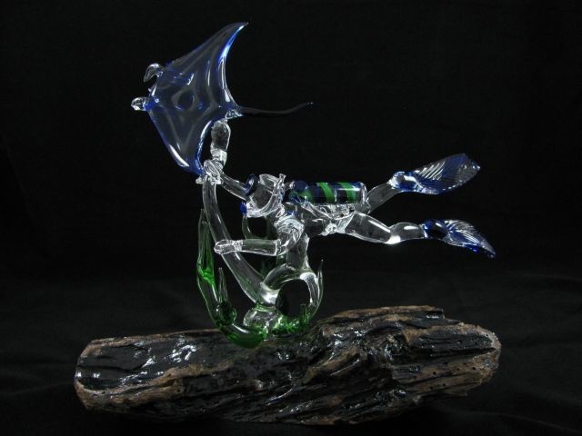 Scuba Diver and Manta Ray with Seaweed on (Your Choice) Base