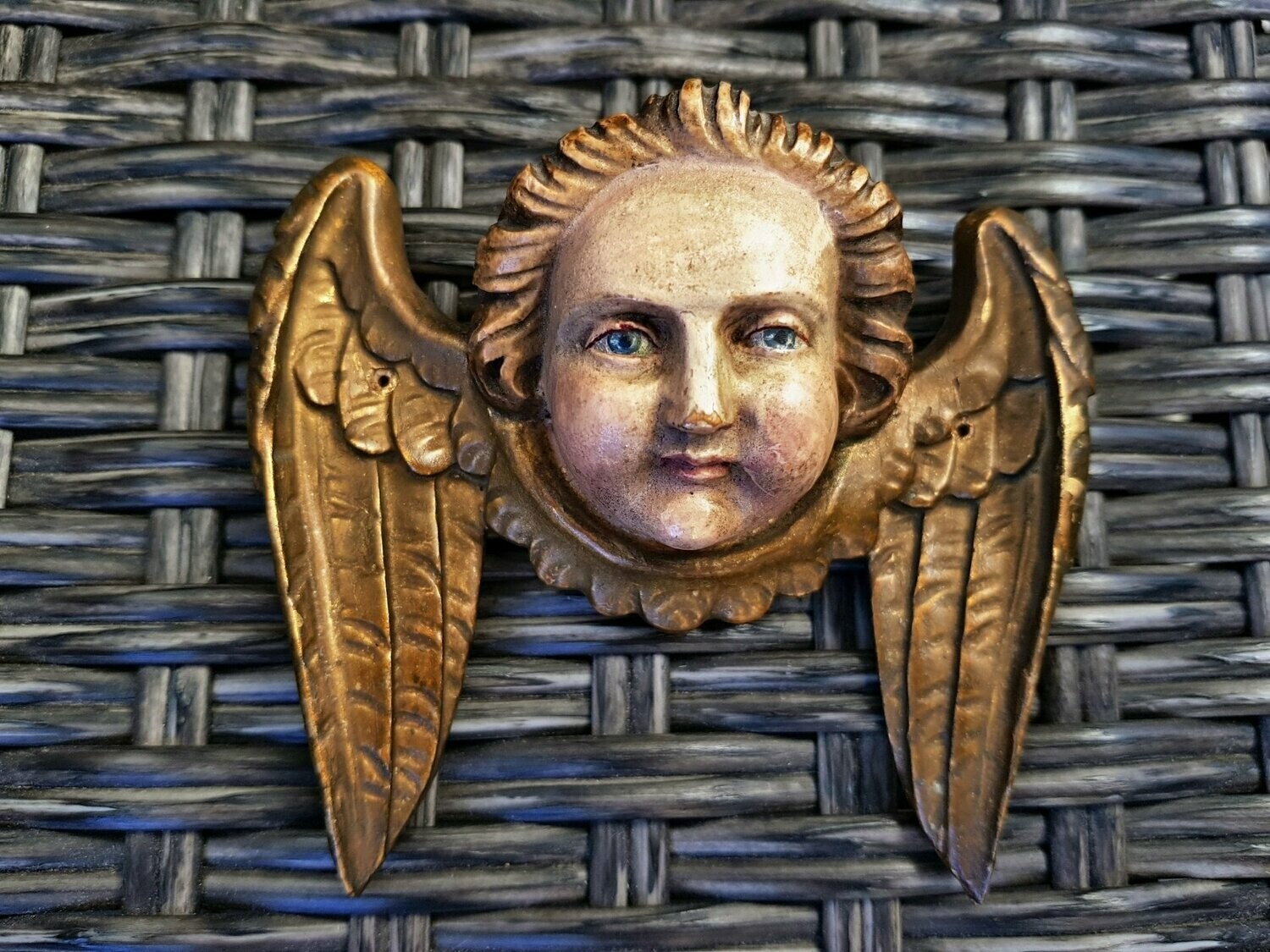 Antique  Carved Wood Polychrome Angel Head Putti Very Expressive