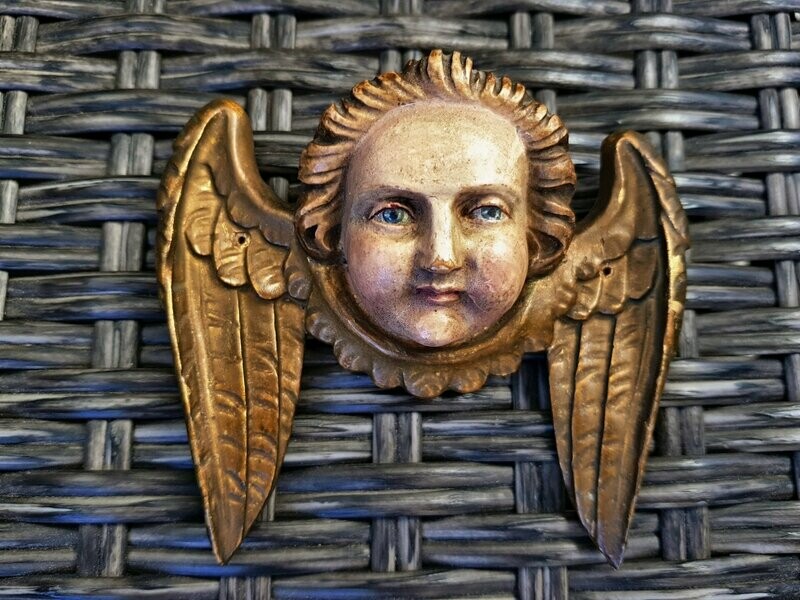 Antique  Carved Wood Polychrome Angel Head Putti Very Expressive