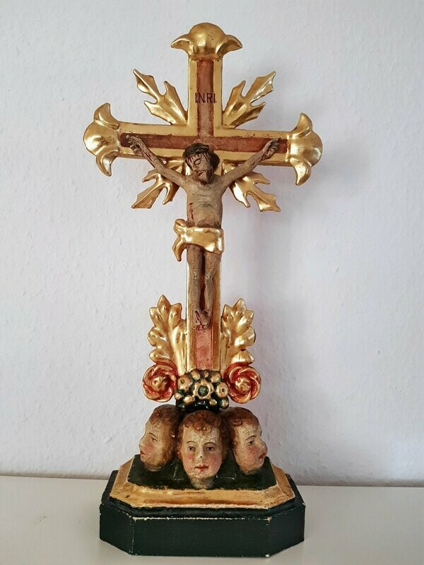 Very Rare Baroque Wood carved Cross with 3 Angel Heads Gilded Polychrome