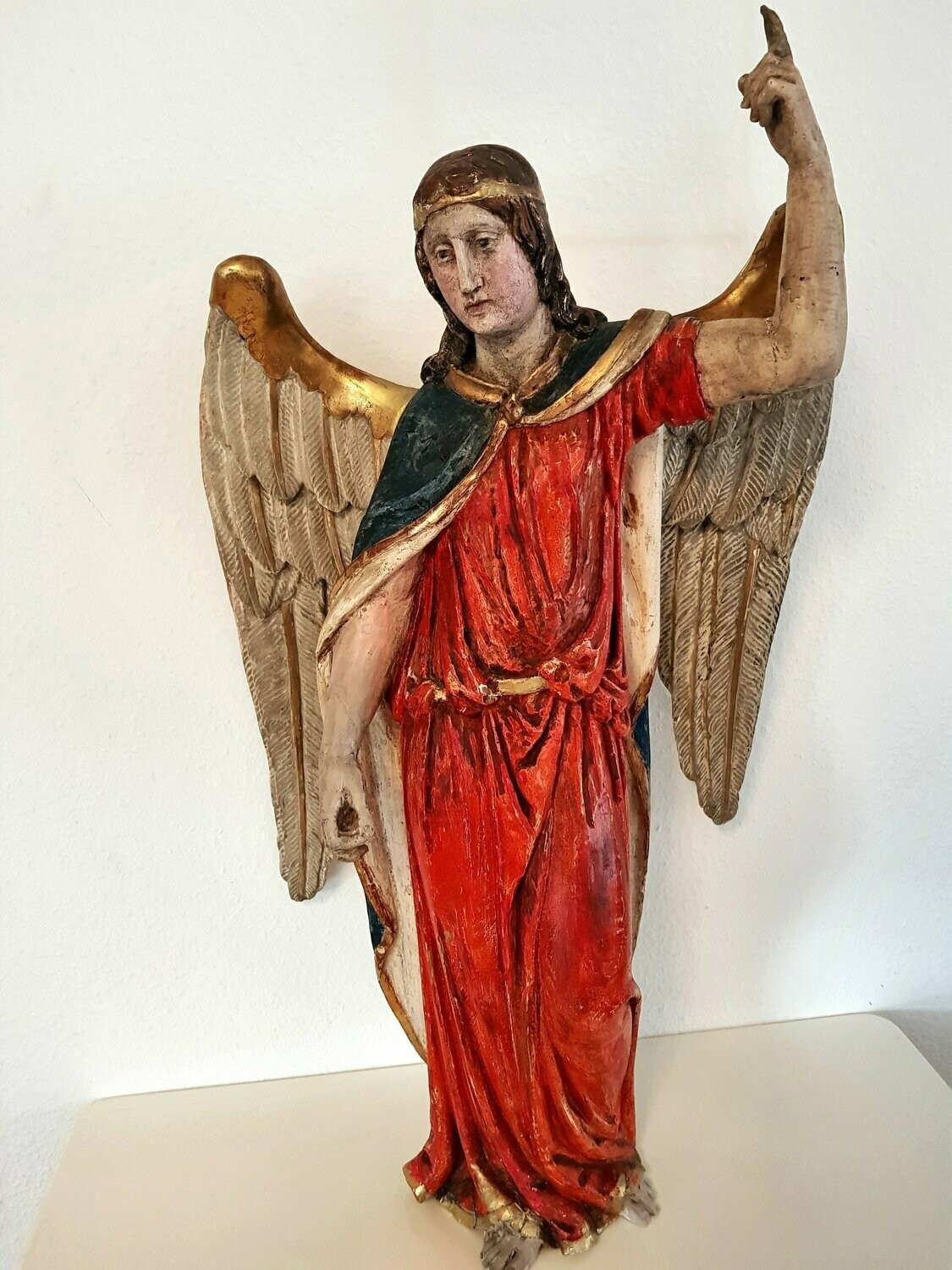 Antique Large Hand Carved Polychrome Angel