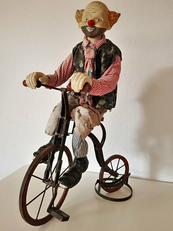 Very Rare Big Antique German Clown Toy 1900 With Iron Bicycle Original Condition