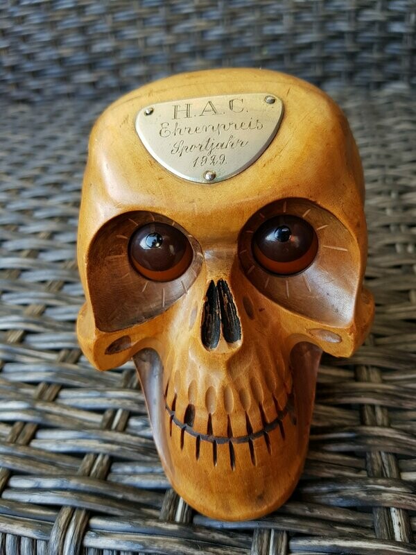 Very Rare J. Oswald "Skull" Clock, Germany, carved wooden skull with rotating eyes