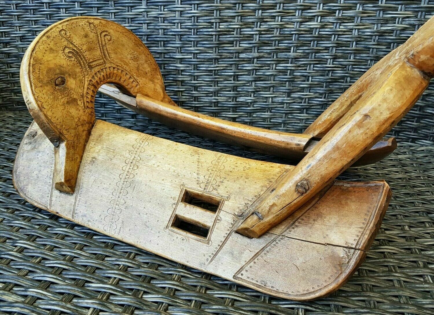 Antique Original & Rare Transylvanian Primitive Decorated Wood Saddle Beautiful