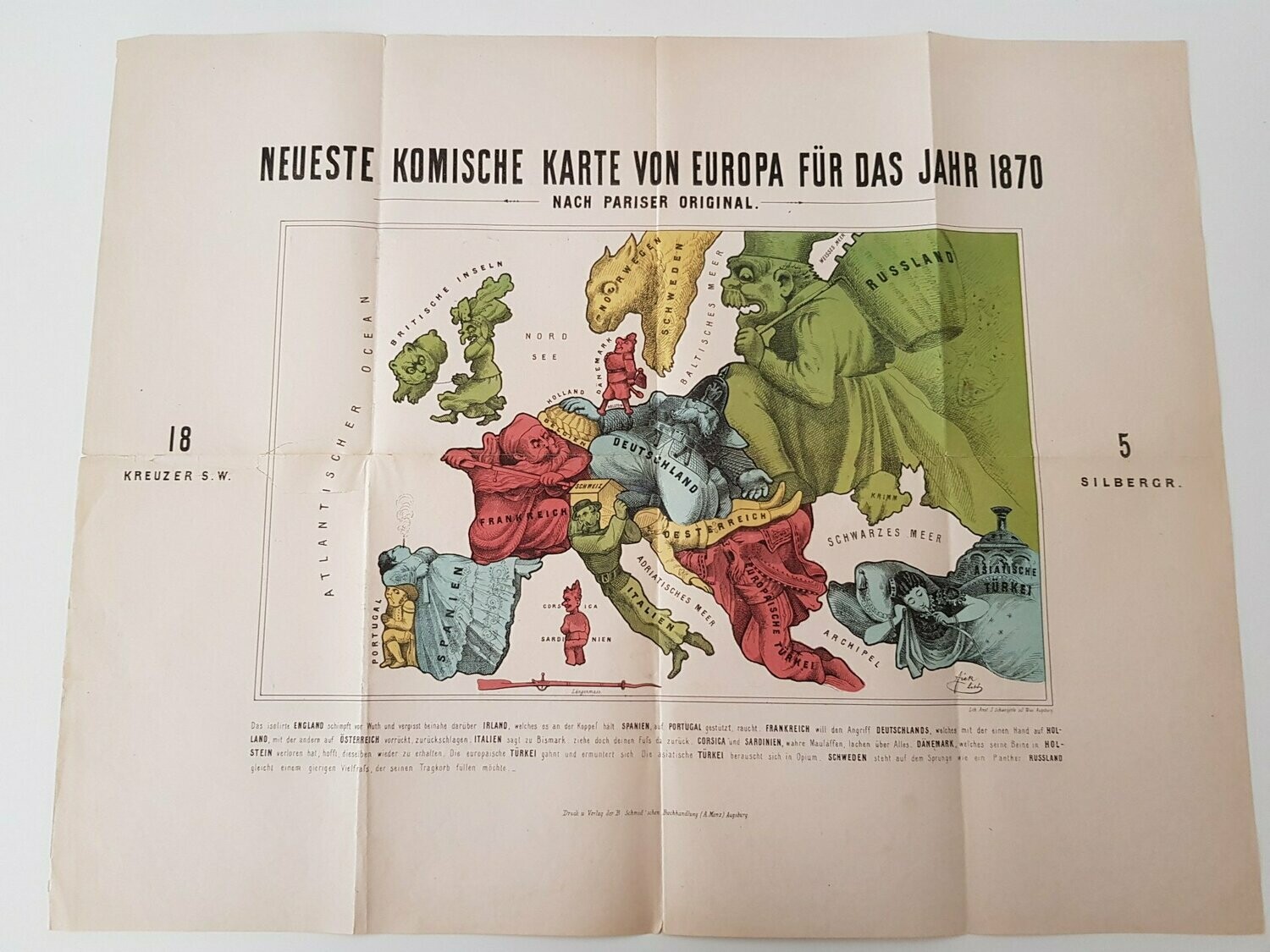 Very Rare Original Satirical Map of Europe 1870 Propaganda Map