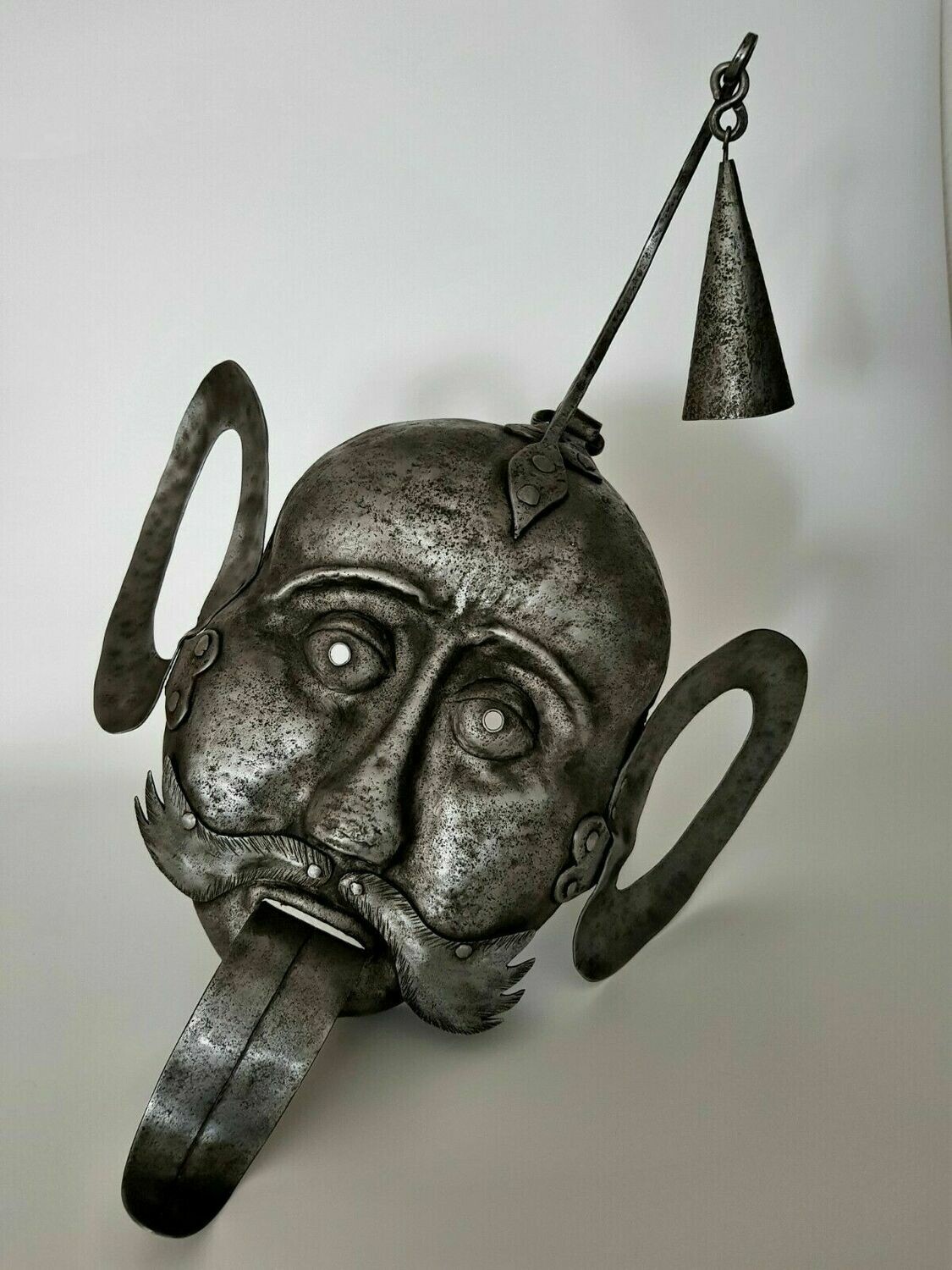 AMAZING 18th - 19th CURIOUS IRON FORGED MASK OF SHAME OR SCOLD'S BRIDLE WITH BELL