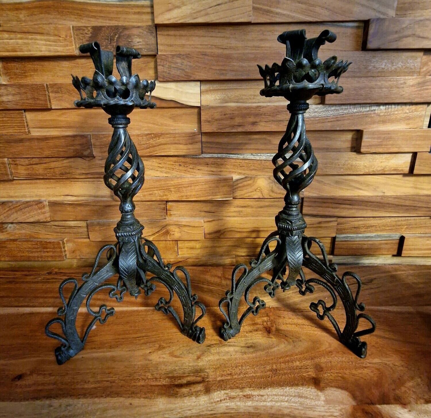 Antique 18th-19th Century French Gothic-style Wrought Iron Candle Holder Set