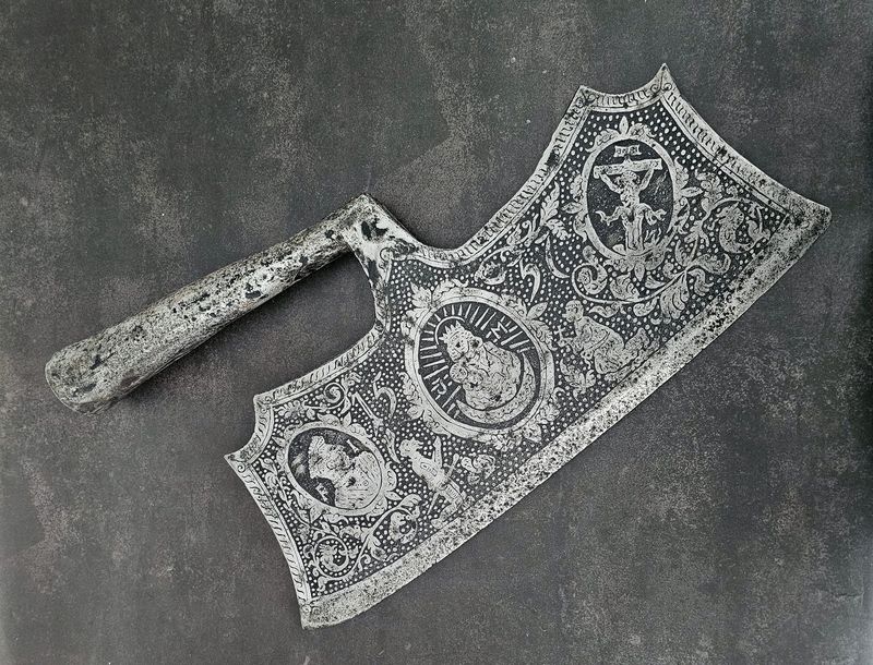Large Amazing Finely German Executioner’s Axe (Richtbeil) Etched Blade with Religious & Heraldic Motifs Dated 1537