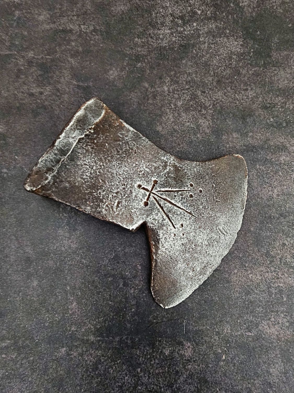 Antique Hand-Forged Axe Head with Mark and Cross