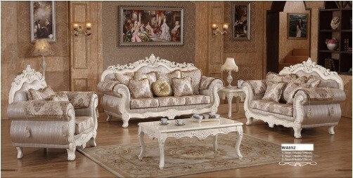 European Sofa Set with Cream Fabric & Lining Texture, American Vintage Classic, Antique Furniture, French Furniture,