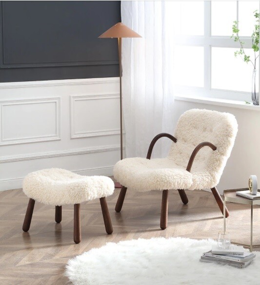 European Cashmere Leisure Chair, Accent Chair, Lounge Chair with Fluffy Fabric + Ottoman