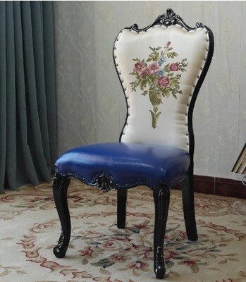 Antique Floral Embroidery Dining Chair with Wooden Frame Engraving