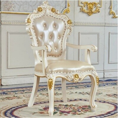 Antique Gold Painted Dining Chair, Imported North American Oak Wood with Pearl Paint, Wood Engraving