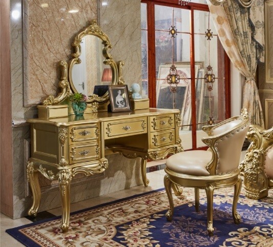 Antique Golden Floral Engraving Dressing Table with Unique Cascade Golden Chair