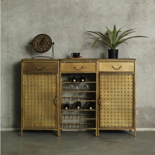 Artistic Industrial Golden Metal Wine Rack, Shelving, Cabinet, Vintage Rustic 19th Centuries
