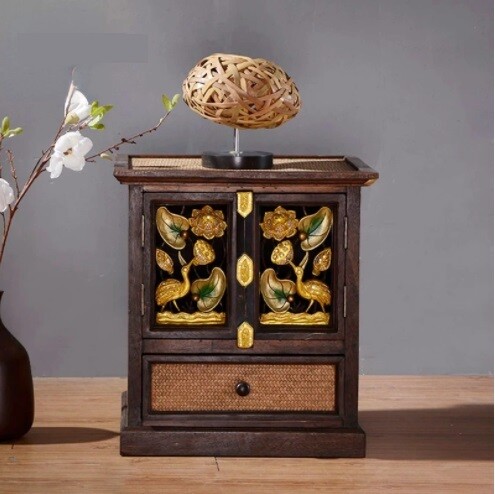 Antique Artistic Golden Art Deco with Colors on Wooden Engraving on the Side Table Shelving, Cabinet