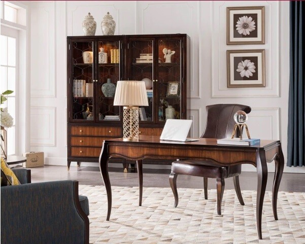 Antique Elegant Design Work Desk, Vintage Delicate Wooden Workstation + Chair