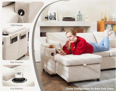 Sofa Couches with USB, Cup Holder, Pullout Sectional Couches and Storage (Dark Grey)