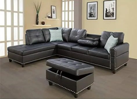 PU Leather L-Shape Sectional Couch Set with Storage, Ottoman, Chaise, 2 Cup Holders &amp; 2 Toss Pillow, Black