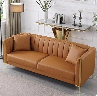 Golden Titanium PU Leather Sofa 3 Seater Sofa with 2 Throw Pillows