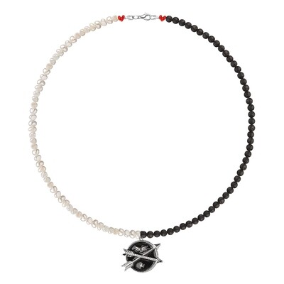 Pearl Necklace with Volcanic Beads and Coin Pendant