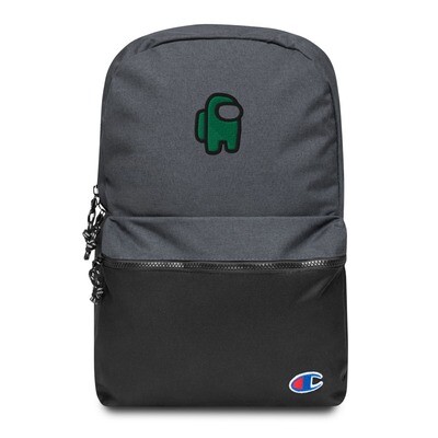 Champion Backpack with green among us character Embroidered onto the front.