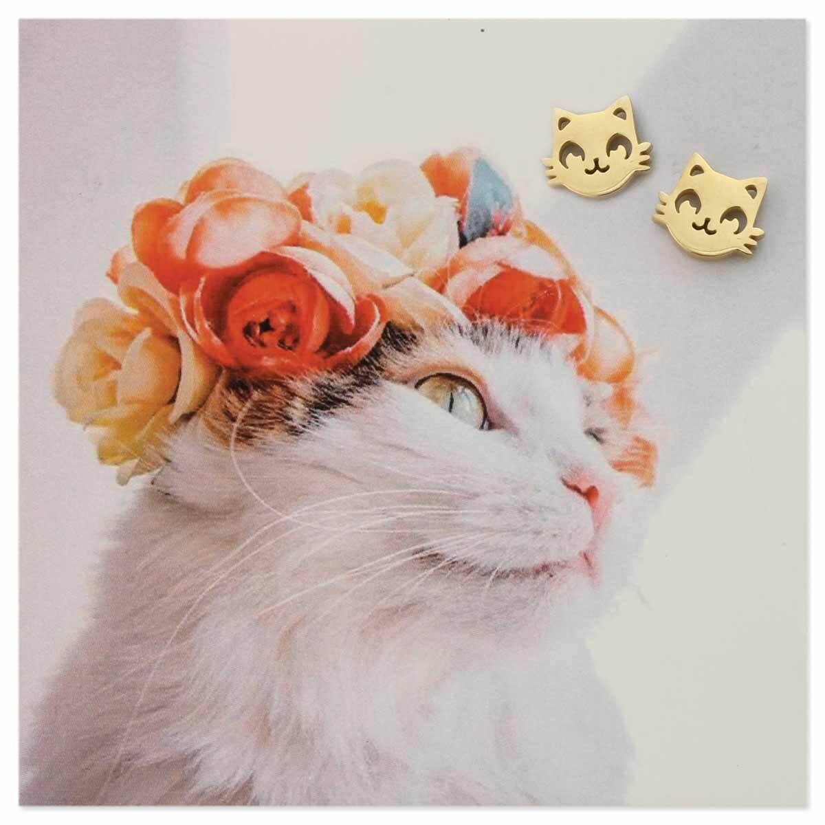 Gold Cat Face Post Earring