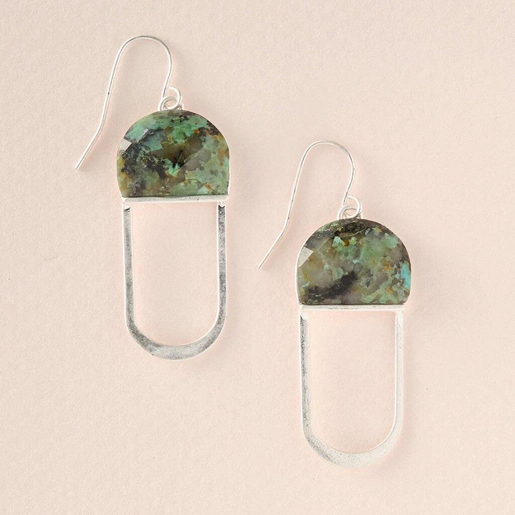 African Turquoise/ Silver Modern Stone Chandelier Earrings