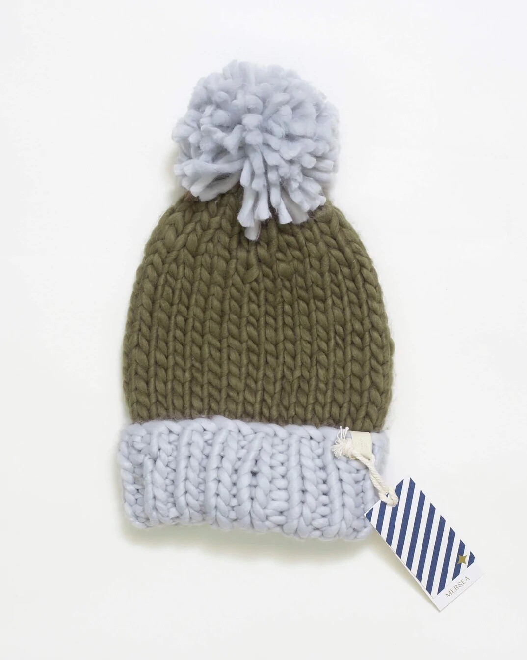 Olive Knit Hat w/ Oversized Pom