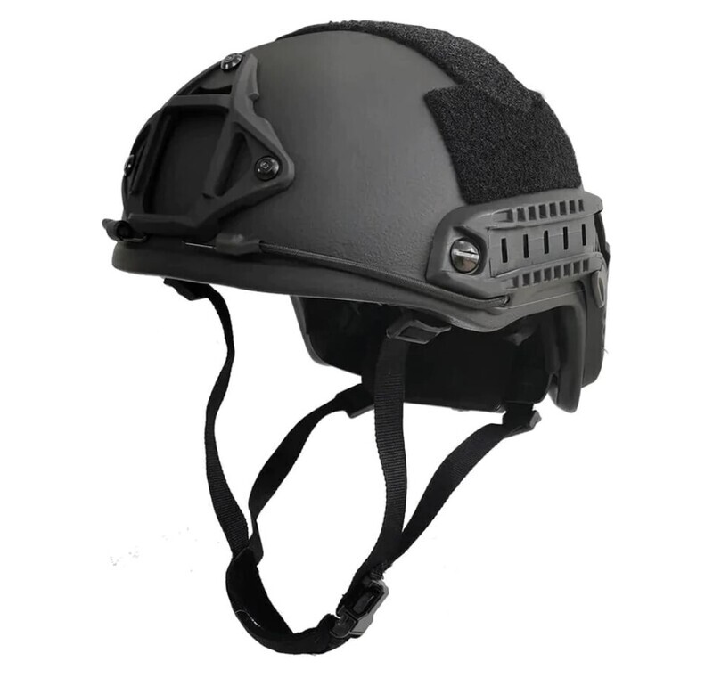 A lightweight black ballistic helmet designed for head protection in tactical operations, sized Medium/Large. The helmet features a streamlined, low-profile design with adjustable suspension and padding for a secure and comfortable fit. Built to meet ballistic standards, it provides protection against handgun threats while maintaining maximum mobility and reduced fatigue. Ideal for military, law enforcement, and security personnel.