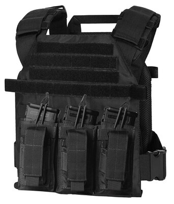 A rugged, minimalist plate carrier designed for rapid deployment in active shooter scenarios. The carrier features a solid black design with adjustable shoulder and waist straps for a secure fit. Built for speed and functionality, it includes MOLLE webbing for gear attachments and is compatible with ballistic plates for critical protection during high-threat situations.