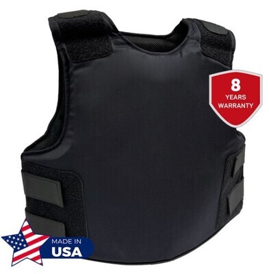 A full-coverage concealable body armor vest in black, designed to be worn discreetly under clothing. The vest features Level IIIA soft armor panels that provide protection against handgun threats while maintaining flexibility and comfort. With extended side, front, and back coverage, this armor is ideal for law enforcement, security personnel, and civilians seeking lightweight, everyday ballistic protection.
