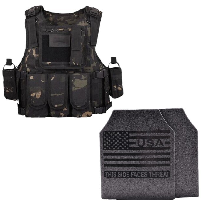 A tactical combo set featuring a Force Recon plate carrier in a sleek Ghost Camo pattern, paired with Level III Fearless ballistic armor plates. The carrier includes adjustable shoulder and waist straps for a secure fit, MOLLE webbing for modular attachments, and a lightweight, durable design. The included plates provide rifle-rated protection, making this setup ideal for law enforcement, military, and tactical response scenarios.