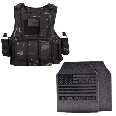 A tactical combo set featuring a Force Recon plate carrier in a sleek Ghost Camo pattern, paired with Level III Fearless ballistic armor plates. The carrier includes adjustable shoulder and waist straps for a secure fit, MOLLE webbing for modular attachments, and a lightweight, durable design. The included plates provide rifle-rated protection, making this setup ideal for law enforcement, military, and tactical response scenarios.