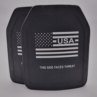 An oversized 11x14-inch Level IV ballistic armor plate designed to provide maximum protection against armor-piercing rifle rounds. The plate features a durable black exterior with a multi-curve shape for enhanced comfort and fit, ideal for larger body types. Clearly marked with &#39;THIS SIDE FACES THREAT&#39; and a white American flag graphic, this stand-alone plate is built for elite defense in high-threat tactical situations.