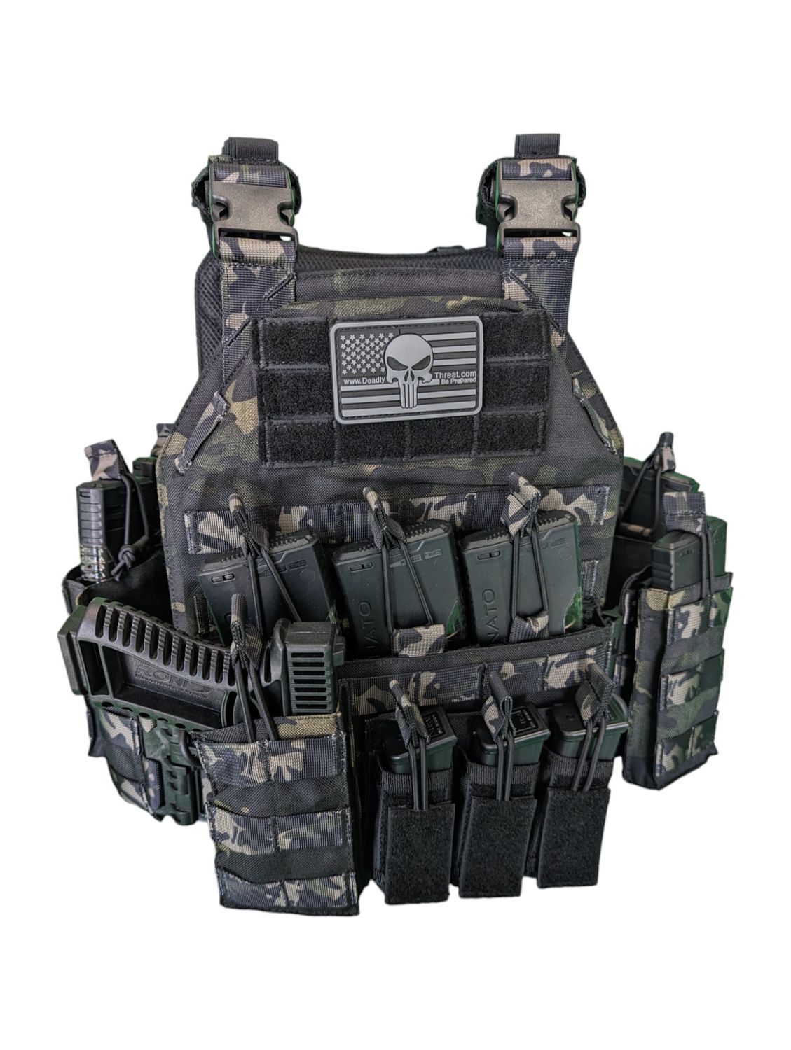 Urban Assault tactical plate carrier in black, designed for modular loadouts with MOLLE webbing, adjustable shoulder and waist straps, and lightweight durable construction. Compatible with front, back, and side armor plates. Ideal for military, law enforcement, and tactical professionals in high-threat environments.