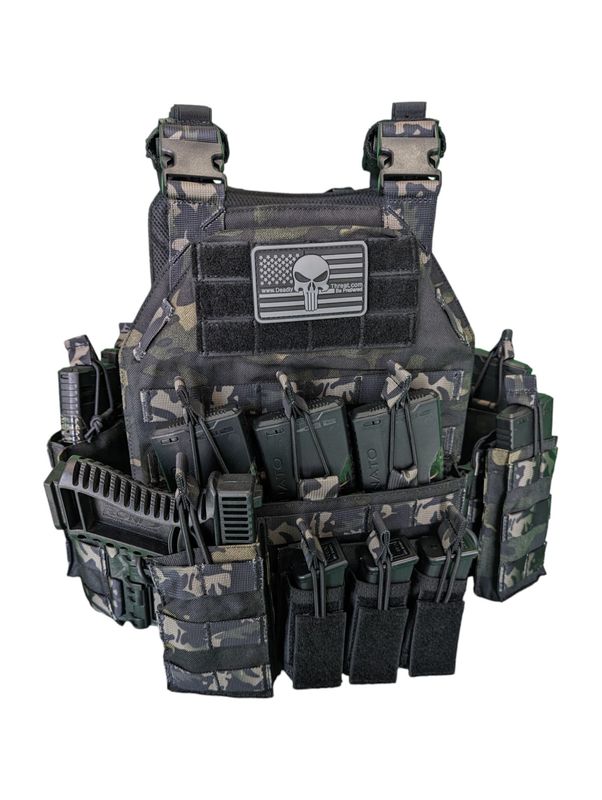 Urban Assault tactical plate carrier in black, designed for modular loadouts with MOLLE webbing, adjustable shoulder and waist straps, and lightweight durable construction. Compatible with front, back, and side armor plates. Ideal for military, law enforcement, and tactical professionals in high-threat environments.