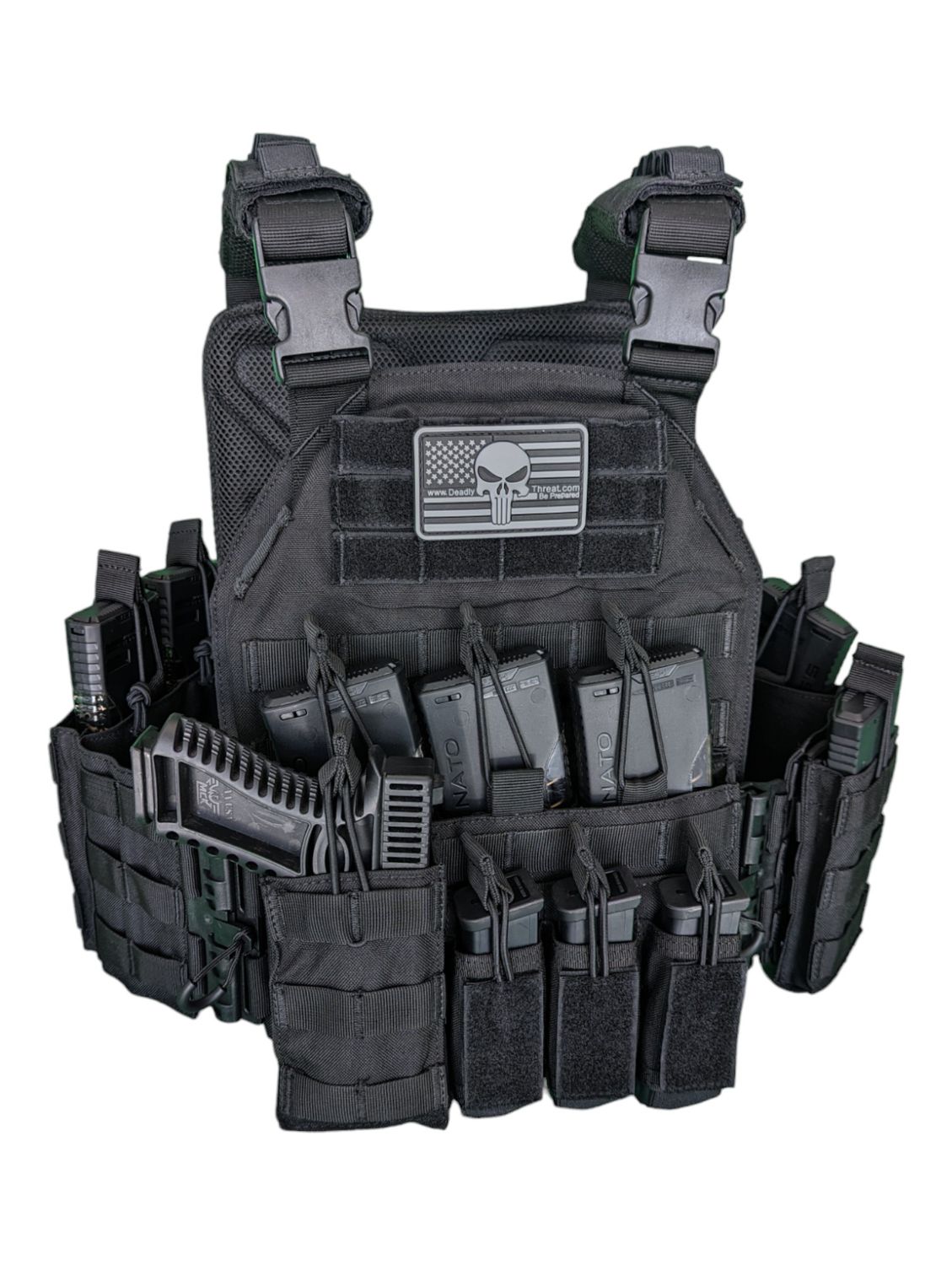 A rugged black tactical plate carrier designed for high-threat environments and rapid deployment. The carrier features adjustable shoulder and waist straps for a secure, comfortable fit, along with extensive MOLLE webbing for modular attachment of pouches and gear. Built for durability and mobility, this low-profile carrier is ideal for law enforcement, military, and tactical professionals seeking reliable armor support.