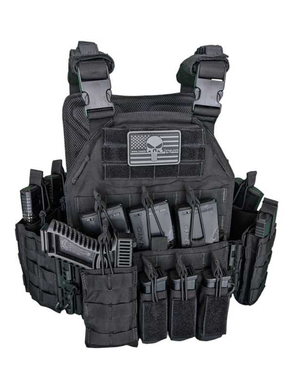 A rugged black tactical plate carrier designed for high-threat environments and rapid deployment. The carrier features adjustable shoulder and waist straps for a secure, comfortable fit, along with extensive MOLLE webbing for modular attachment of pouches and gear. Built for durability and mobility, this low-profile carrier is ideal for law enforcement, military, and tactical professionals seeking reliable armor support.